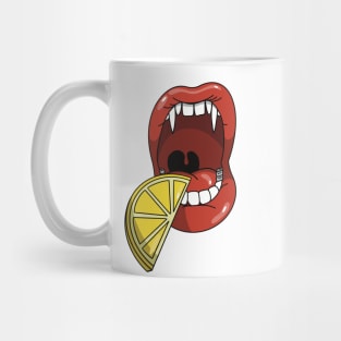 Mouth with vampire teeth about to take a bite into a slice of a sour lemon Mug